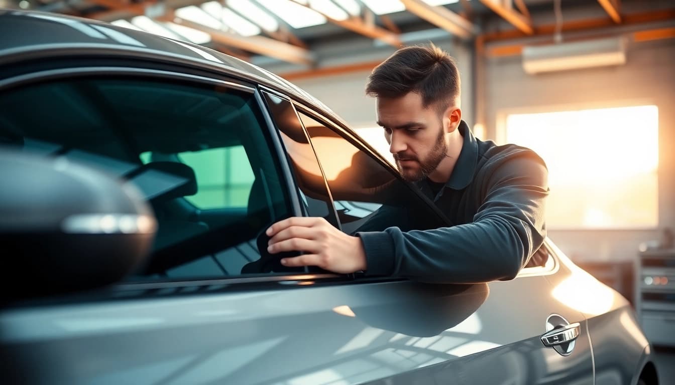 Get expert auto window tint near me with a skilled technician applying premium tint film.