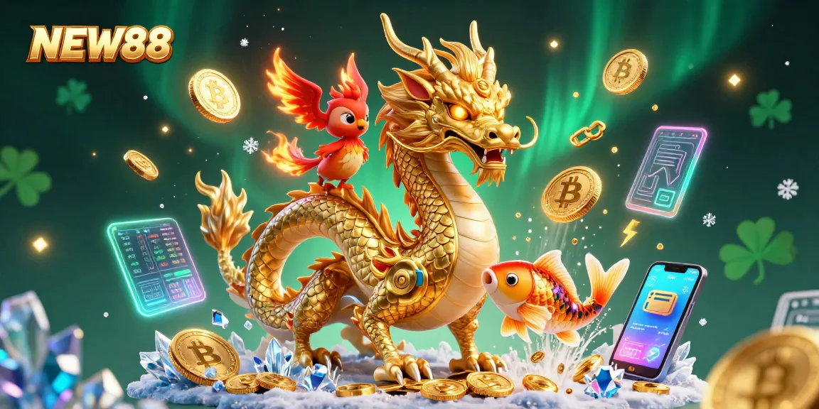 Join NEW88's winning experience with a fierce dragon, flaming phoenix, and koi fish amidst vibrant casino elements.