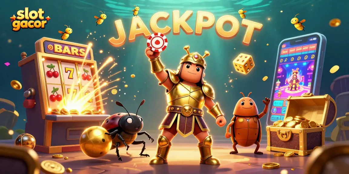 slot gacor menggambarkan kemenangan di mesin slot dengan karakter lucu dan simbol mengesankan