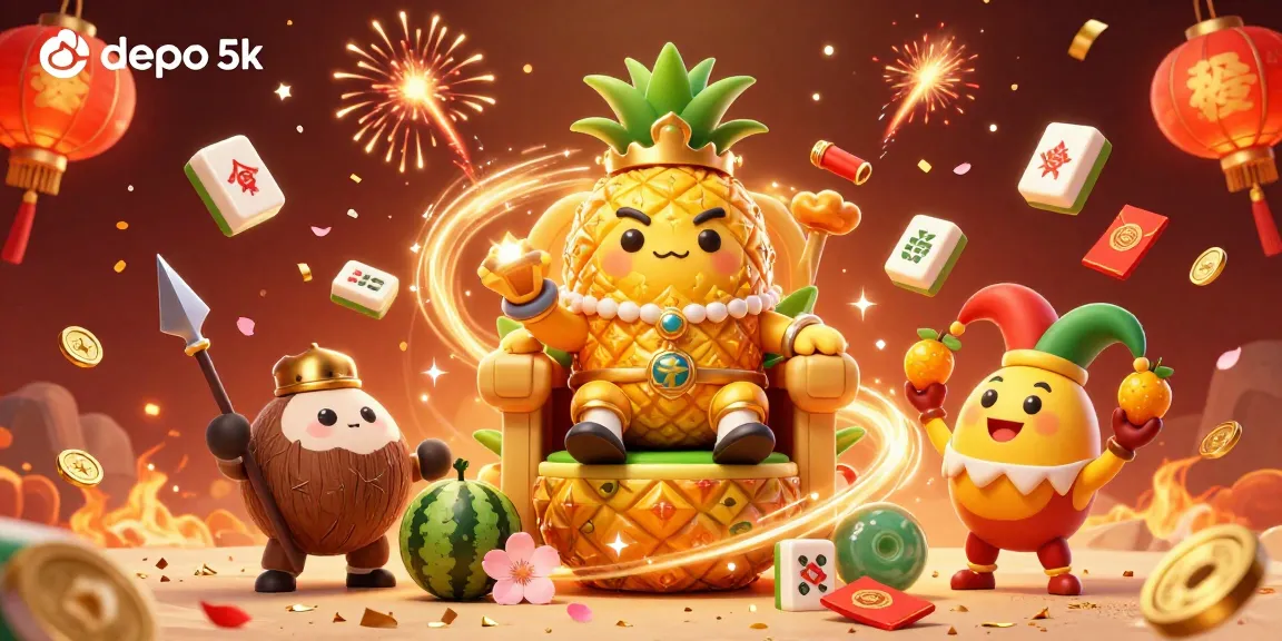 Experience lively gaming action with depo 5k as the golden pineapple king reigns over a vibrant beach casino.