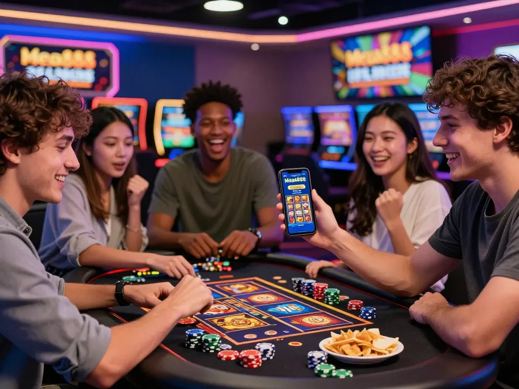 Excited friends celebrating free credit mega888 wins at a lively online casino table with snacks and vibrant casino decor.
