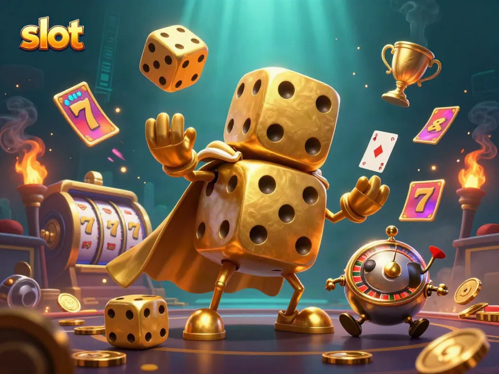 Gulungan slot dan jackpot berkilau dengan karakter kasino ceria di tengahnya.