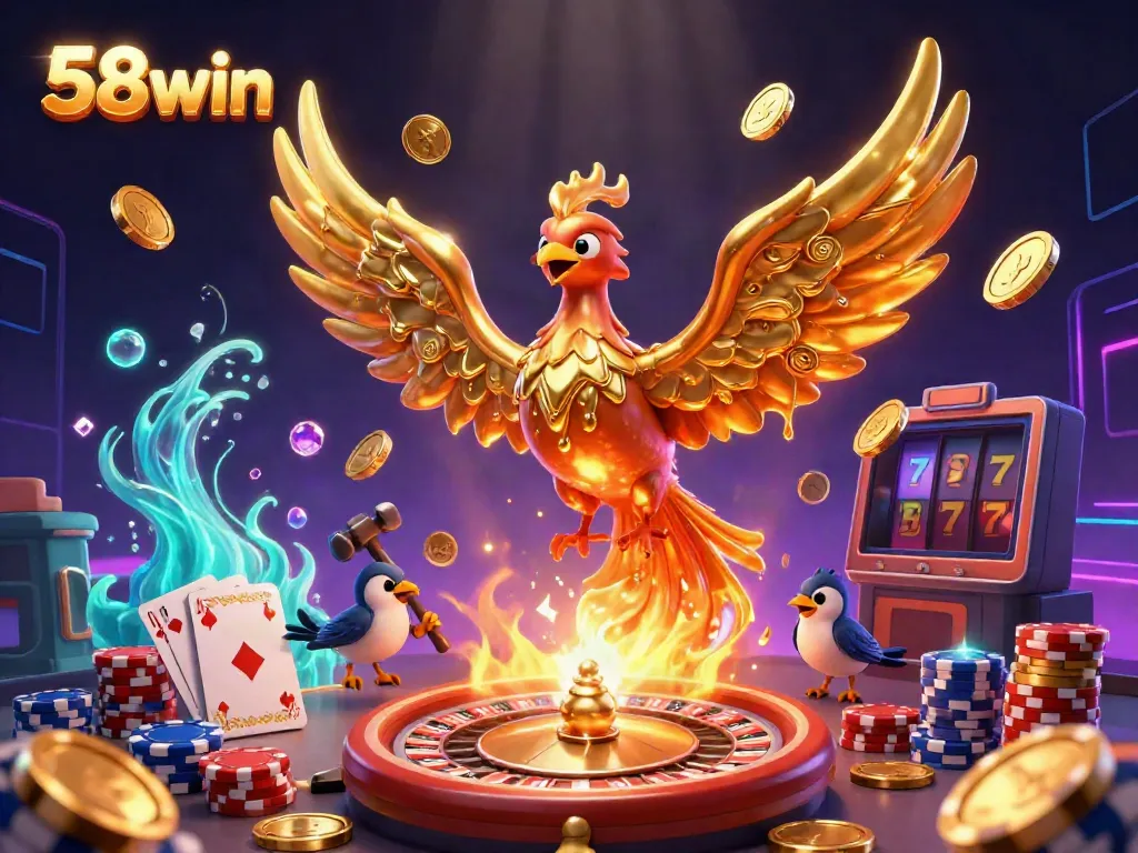 Experience the thrill of 58win with a dynamic scene featuring a molten golden phoenix and vibrant casino elements.