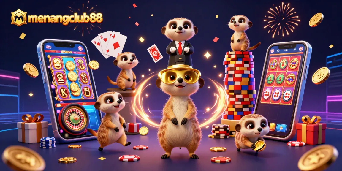 Experience exciting games at menangclub88 with colorful slot machines and meerkats operating a vibrant casino.