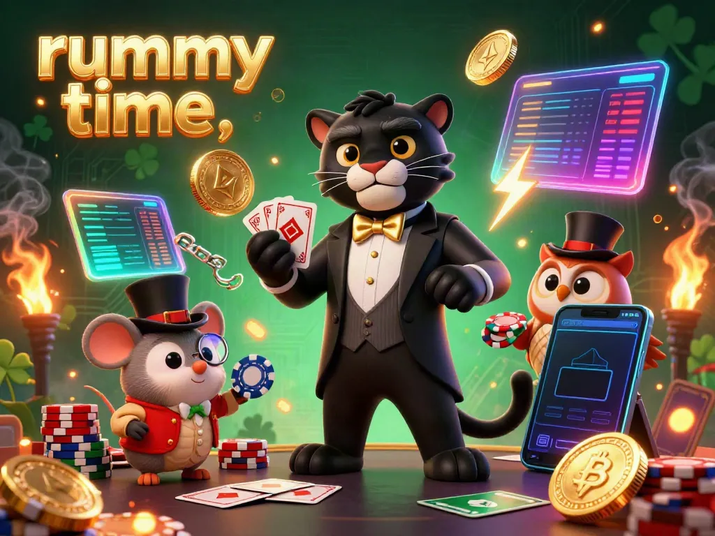 Experience the thrilling rummy time with a stylish panther dealing cards, surrounded by neon gaming elements.