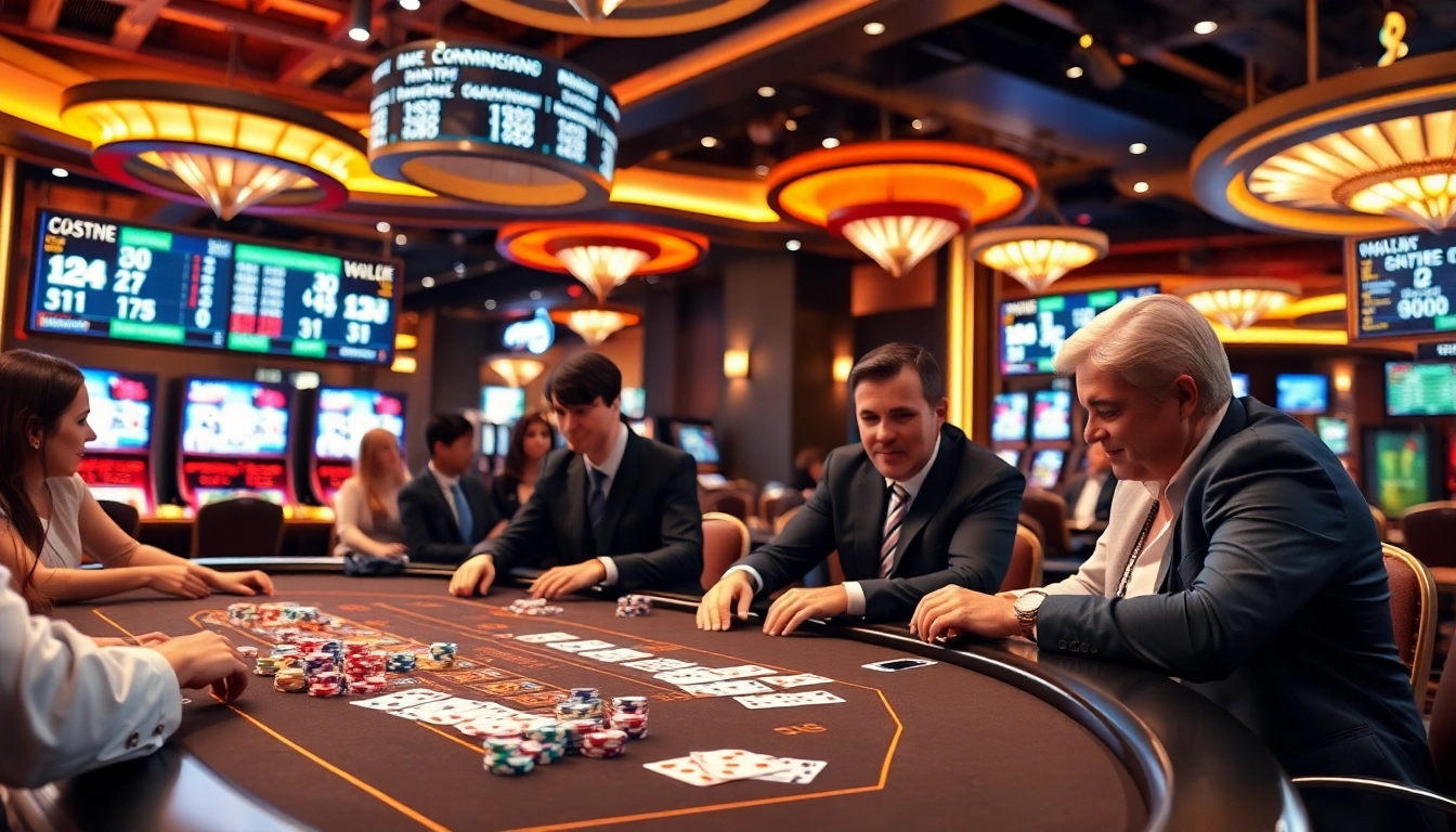 Spannende Casino-Atmosphäre auf casinospielen.de mit Spielern, Chips und Karten.
