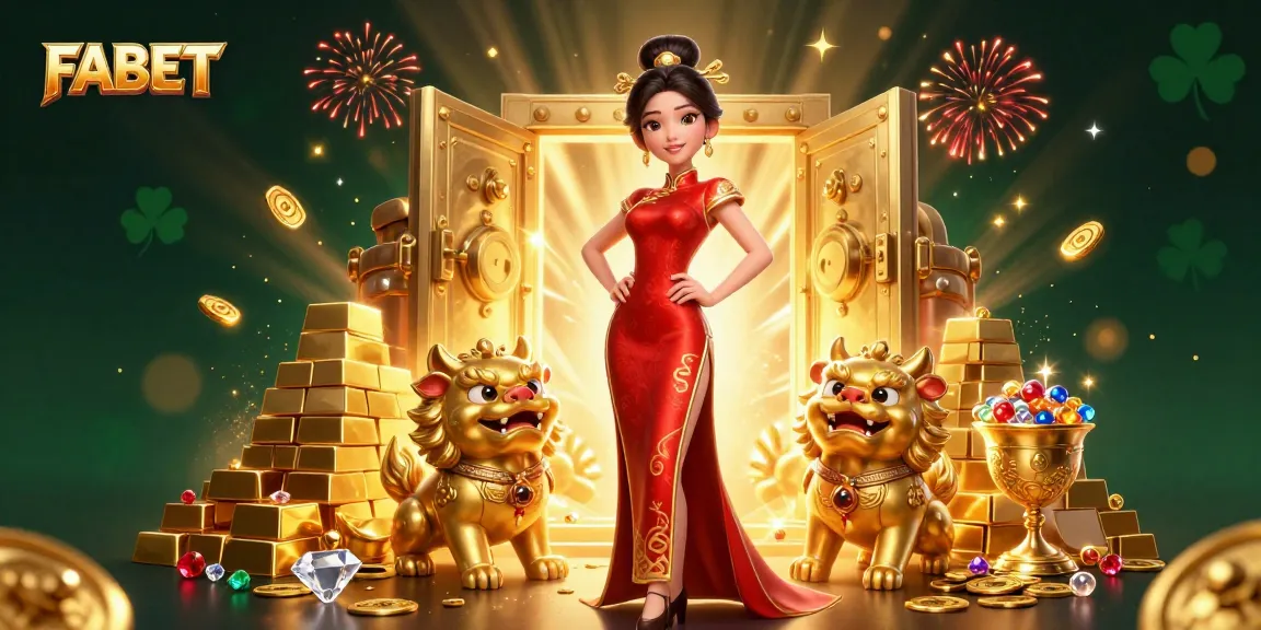 Experience gaming excitement at FABET with a glamorous Asian woman and fortune symbols.