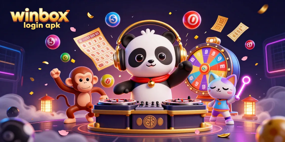 Experience seamless gameplay with winbox login apk, featuring a vibrant illustration of a DJ panda and fun characters.