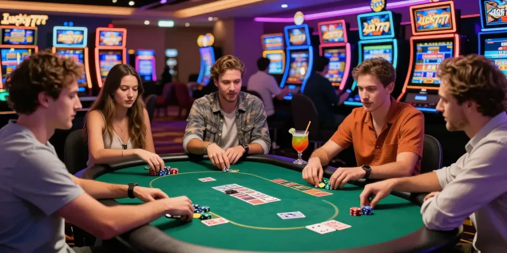Lucky777 casino scene with friends playing poker surrounded by vibrant slot machines and lively decor.
