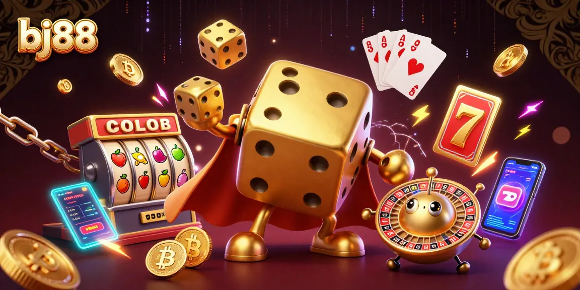 Engage in thrilling gameplay at bj88 with a golden dice golem and vibrant casino elements.