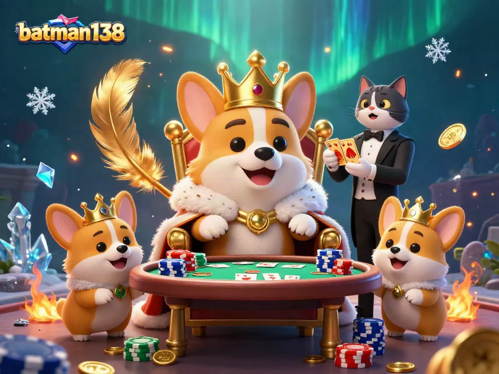 Experience the thrill of batman138 through an enchanting scene with royal corgi and poker elements.