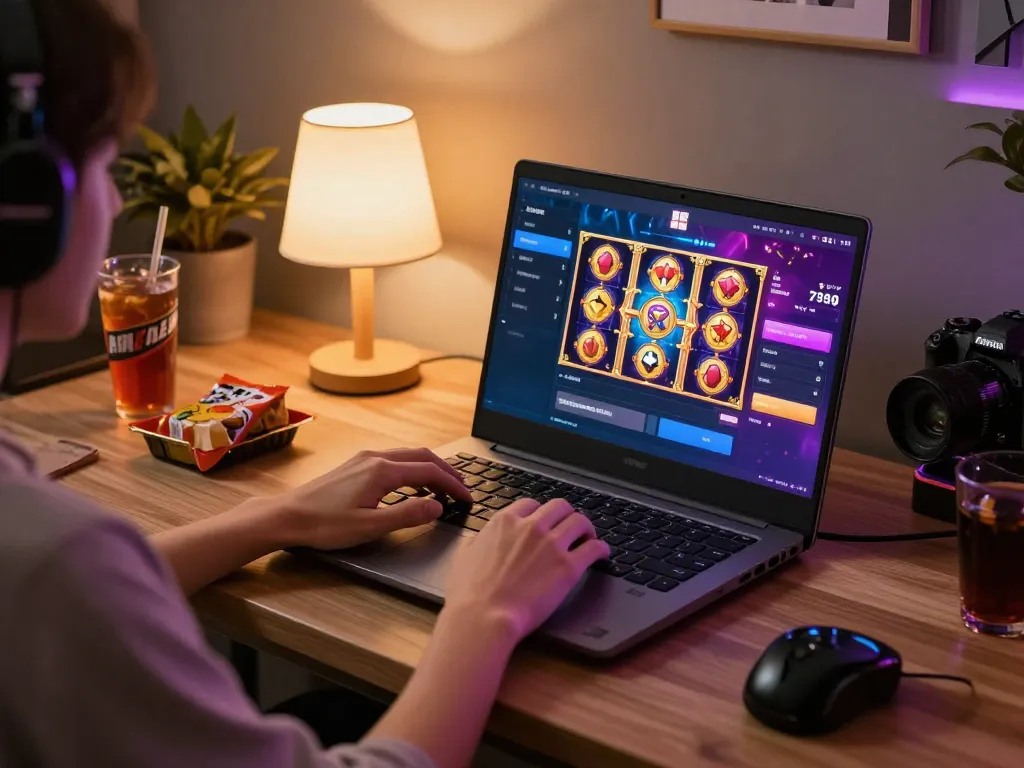 Engaging in sepuhplay login on a laptop with vibrant online casino graphics
