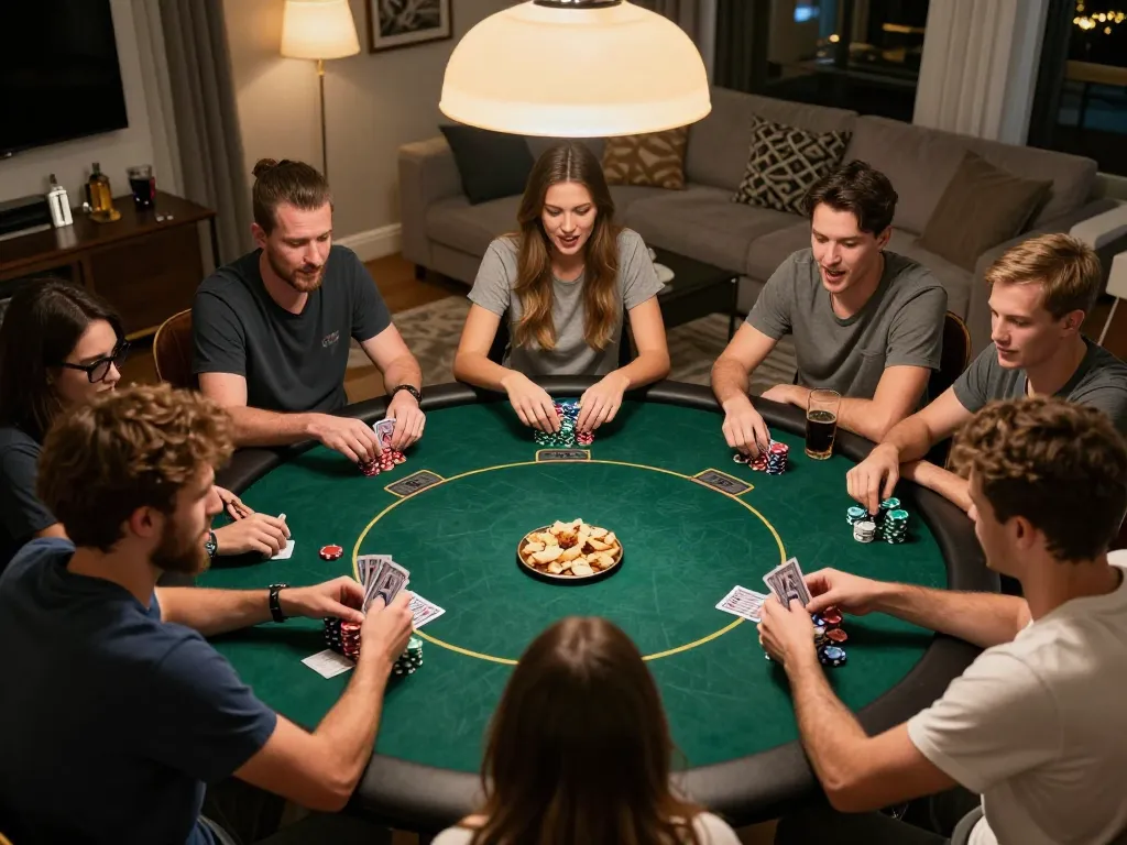 Exciting home poker game at nhà cái cm88 with friends analyzing cards and betting chips.