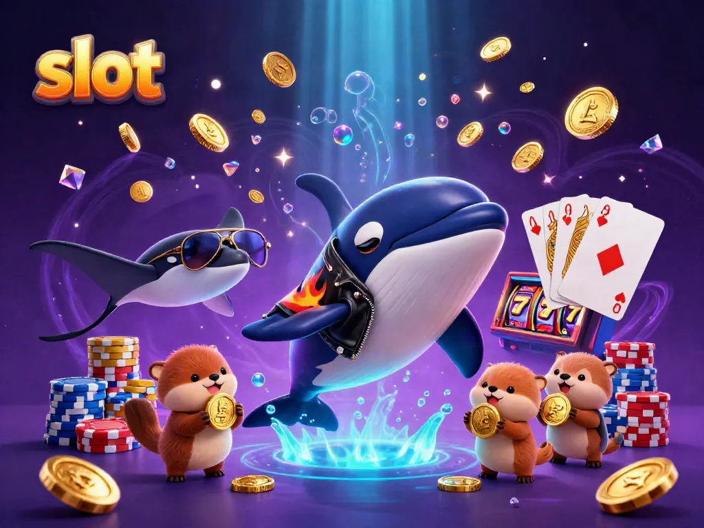Slot dengan mesin permainan dan simbol keberuntungan dikelilingi oleh karakter laut yang menyenangkan.
