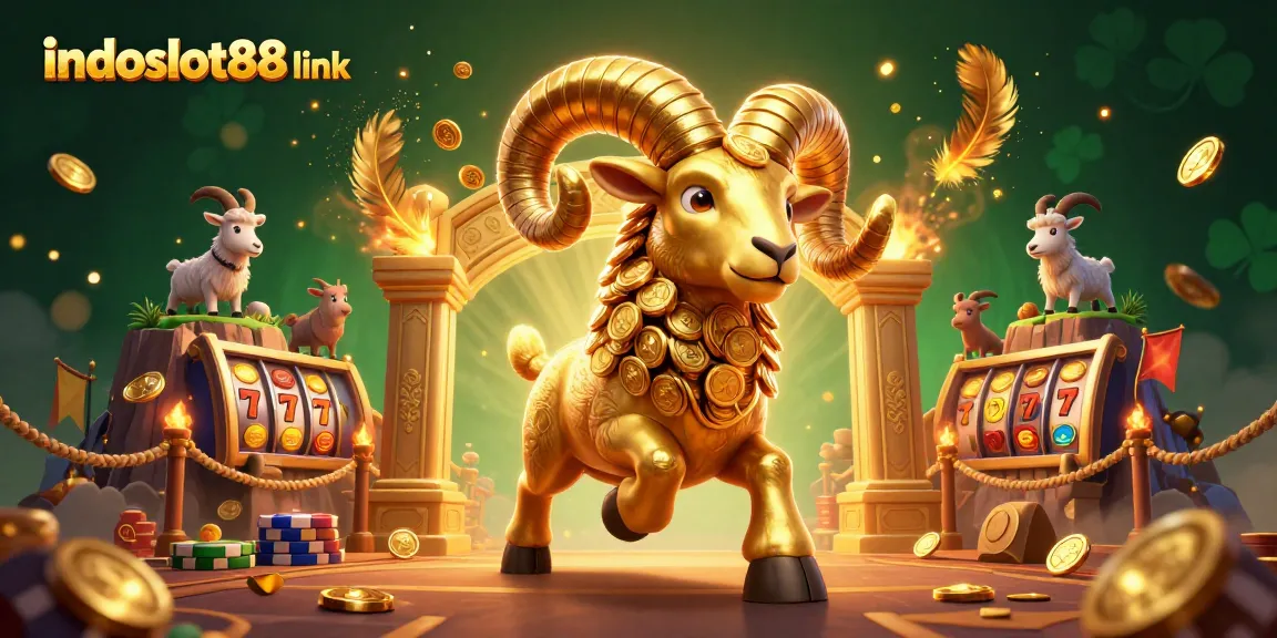 Engage with indoslot88 link in this vibrant 3D illustration featuring a golden ram amidst slot reels and golden tokens.