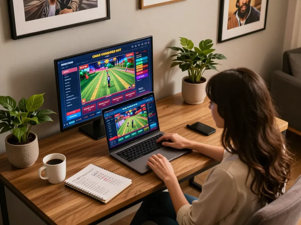 Engaged player at Canadian online casinos enjoying a laptop gaming session with vibrant interface.