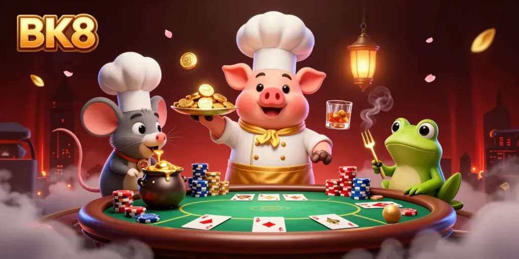 Experience the excitement of BK8 with vibrant casino characters and gold coins in a dynamic scene.
