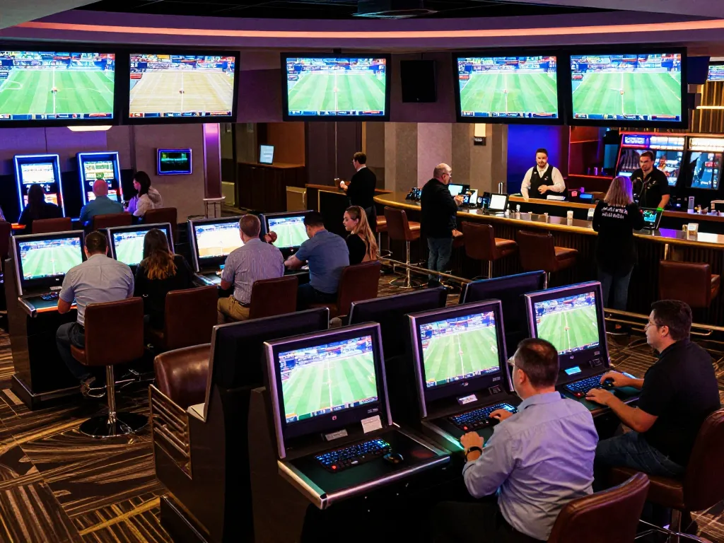 Engaging sports betting experience at a casino featuring m117 odds displayed on screens.