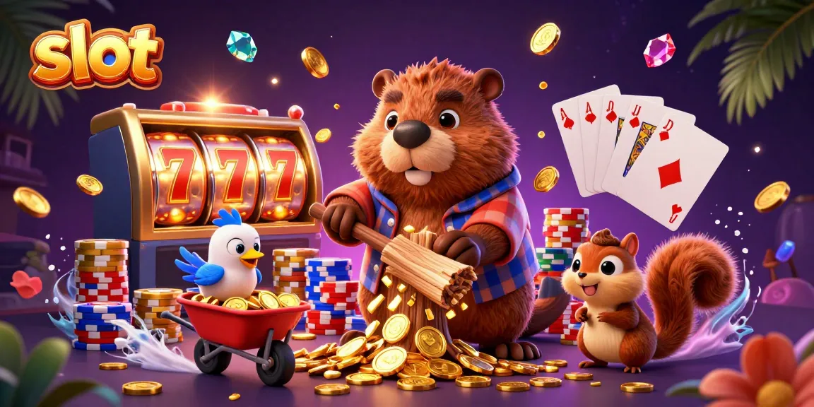 Experience thrilling slot action with a 3D beaver and friends amid cascading golden coins and lively gambling elements.