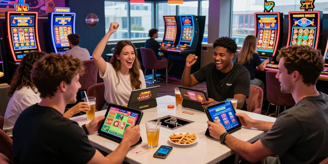 Players celebrating wins at new online casinos UK with tablets and smartphones showcasing vibrant game interfaces.