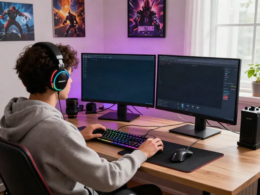 A gamer fully immersed in an engaging online game, showcasing akunjp gaming gear in a vibrant home setup.
