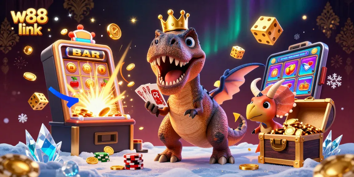 Engage with exciting w88 link elements in a 3D cartoon illustration of dinosaurs in a casino setting