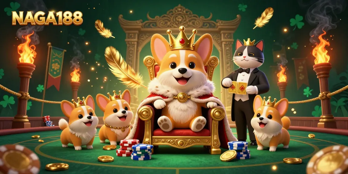 NAGA188 menyuguhkan suasana kasino yang meriah dengan corgi kerajaan dan elemen judi.