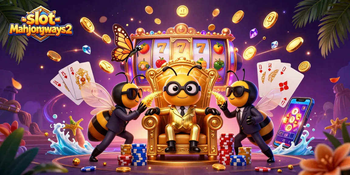 Experience slot-mahjongways2 with a buzzing bee mob boss amidst golden coins and vibrant slot reels.