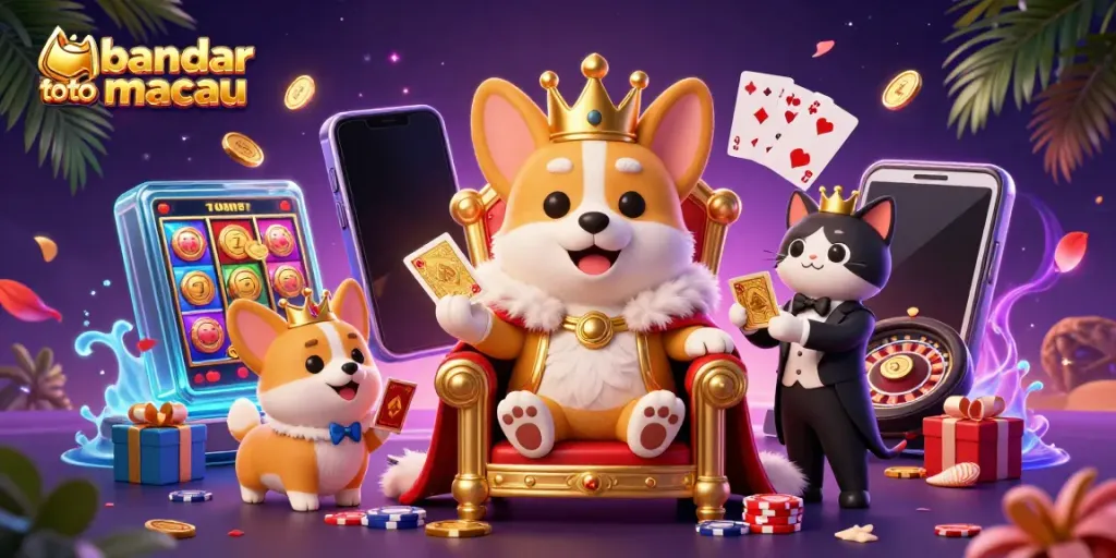 Keberuntungan bandar toto macau dengan mahkota emas, kartu, dan simbol permainan lainnya.