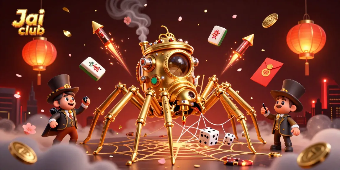Play exciting games at Jai club, where a steampunk spider catches dice in a vibrant casino scene.