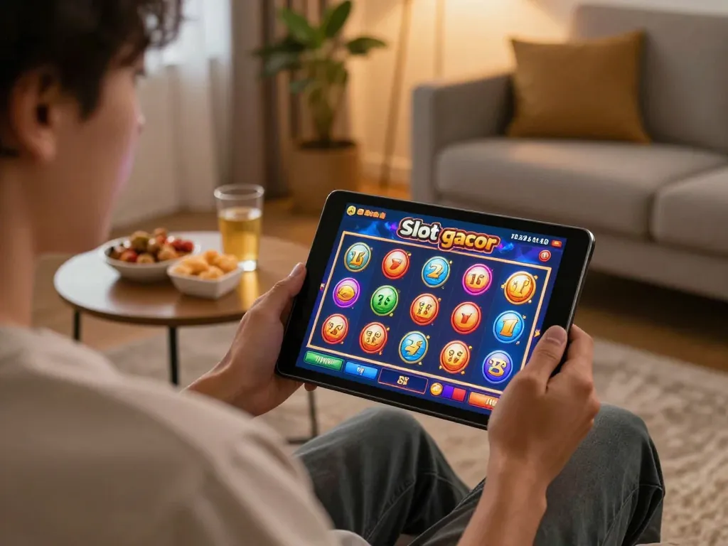 Player enjoying situs slot gacor slot game on a tablet at home, showcasing vibrant online gaming atmosphere.