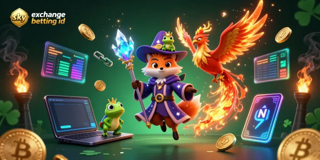 Engage with the sky exchange betting id through an enchanting 3D illustration showcasing mystical characters and vibrant casino elements.