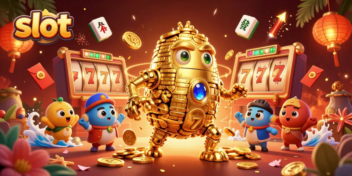 Spin the slot reels and watch as golden golem animates jackpot excitement in a vibrant casino scene.