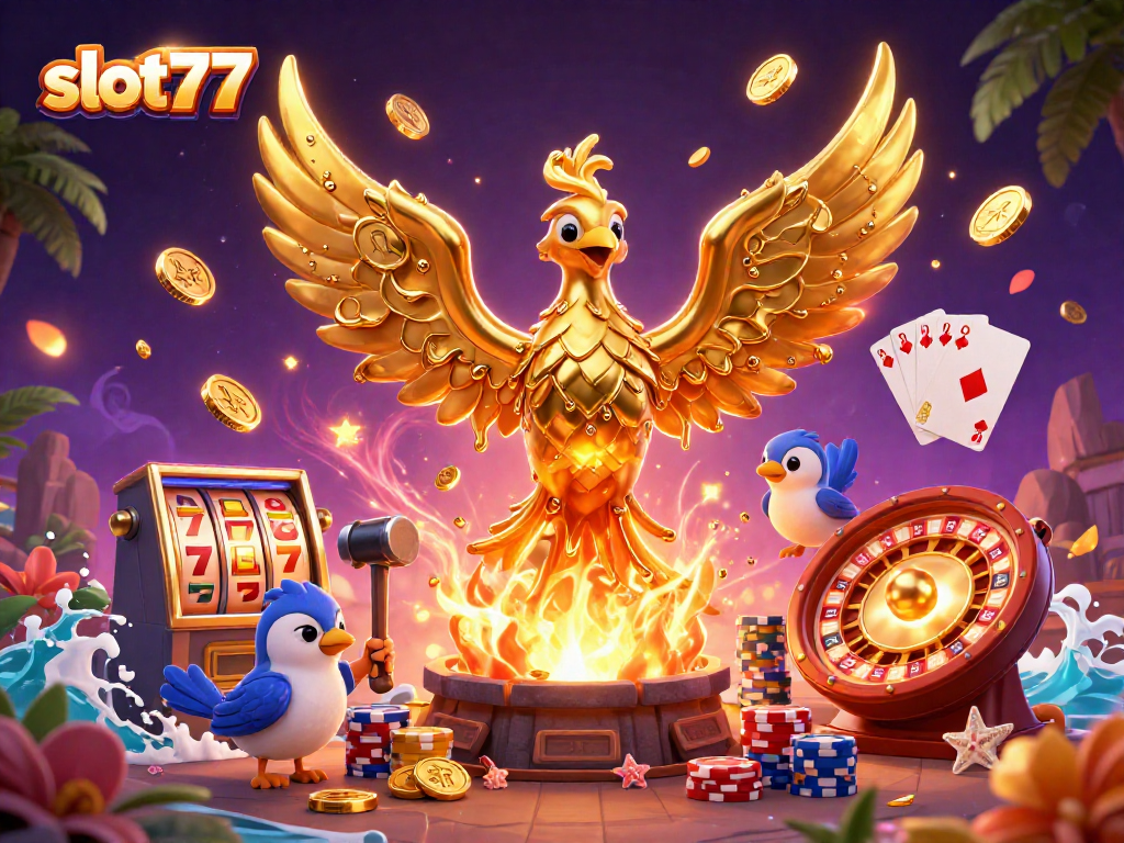 Experience thrilling wins with slot77 in a spectacular 3D casino scene of golden phoenix and spinning reels.