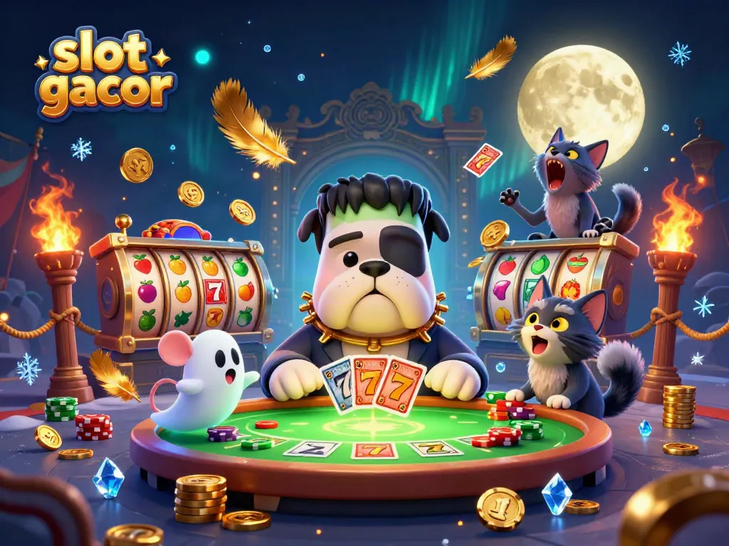 Experience the thrill of slot gacor with a vivid 3D scene featuring unique characters and dynamic gaming elements.