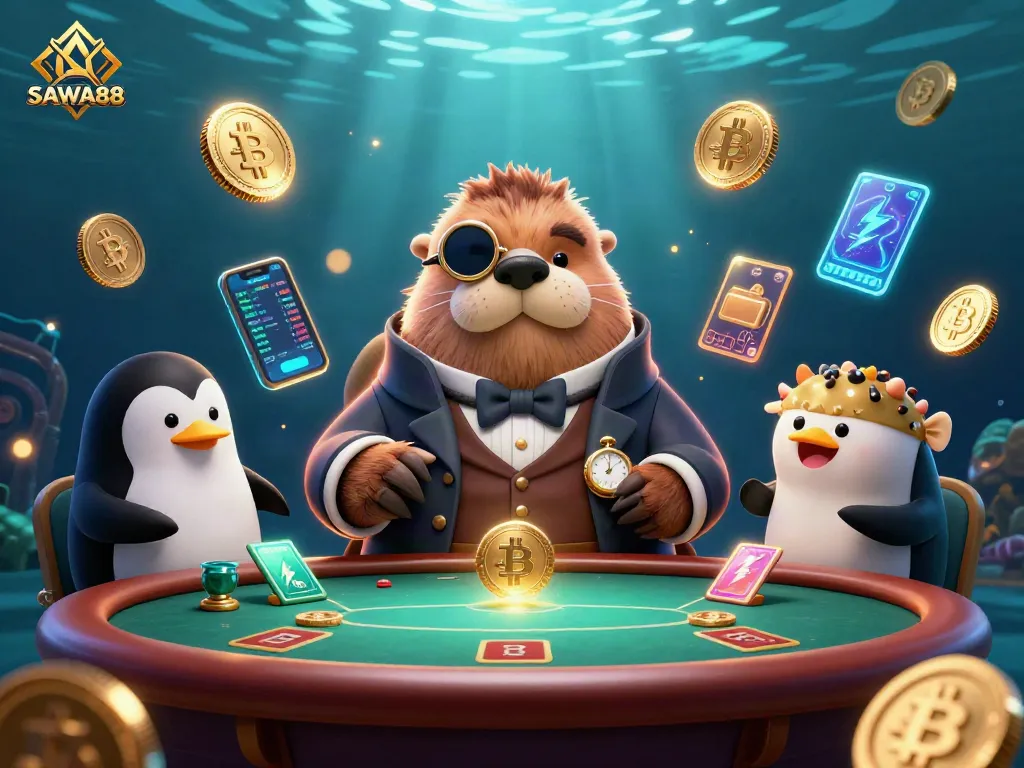 Engage in thrilling poker action with SAWA888 at an underwater table with cartoon characters.