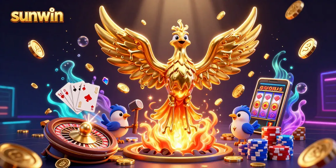 Experience thrilling gameplay at sunwin, featuring a 3D golden phoenix and vibrant casino elements.
