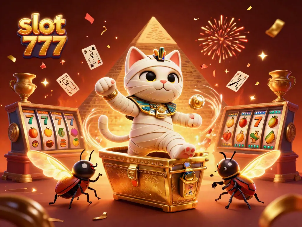 Mesin slot 777 di kasino dengan karakter kucing mummy dan scarab, dikelilingi efek konfrensi.