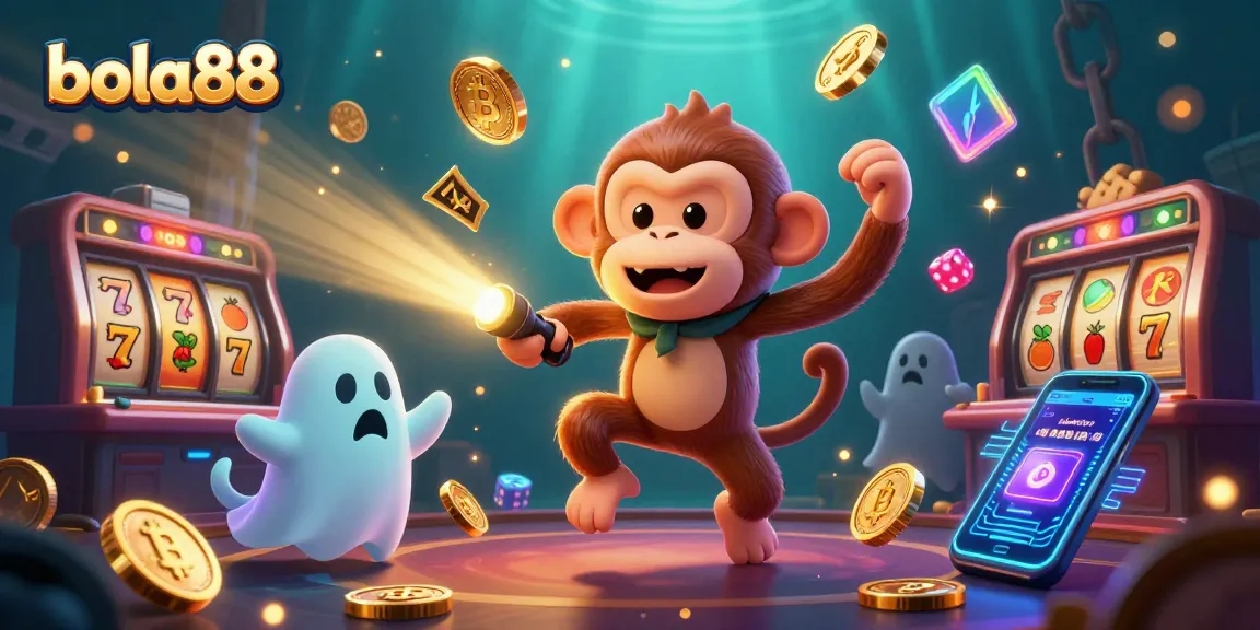 Engage with exciting bola88 gameplay amidst golden symbols and a curious ghost-hunter puppy in a vibrant casino