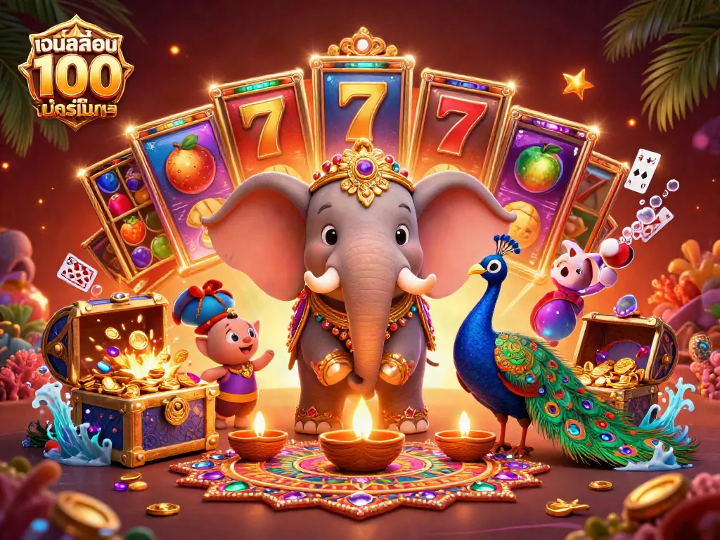 เล่นเว็บสล็อต แท้ 100 เปอร์เซ็นต์ กับช้างและนกยูงในฉากคาสิโนที่มีสีสัน