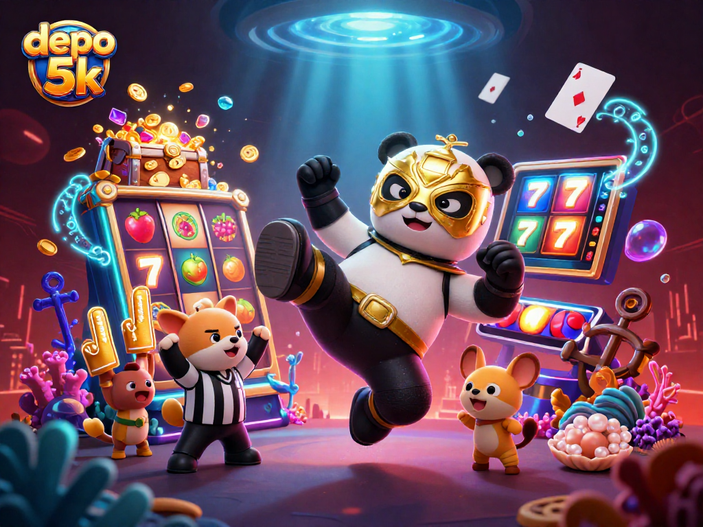Experience the excitement of depo 5k with vibrant slot reels and animated characters in this stunning illustration.