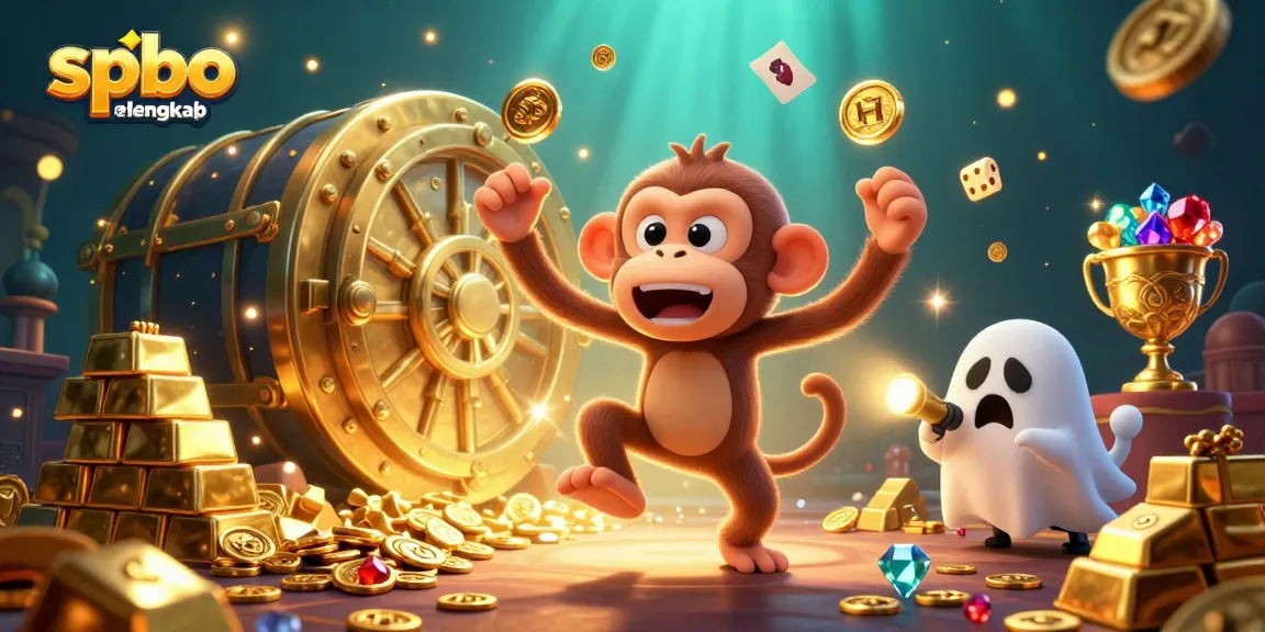 Engage in thrilling fun at spbo terlengkap with a mischievous monkey juggling casino treasures in a rich atmosphere.