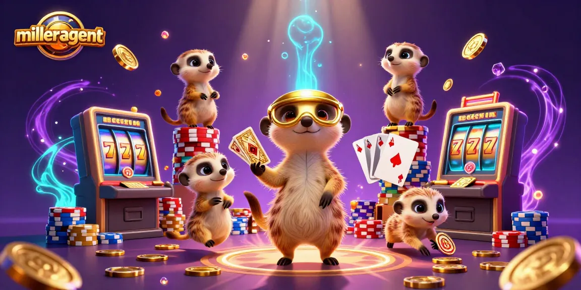 millerargent meerkats managing an exciting slots casino, surrounded by gold coins and jackpots.