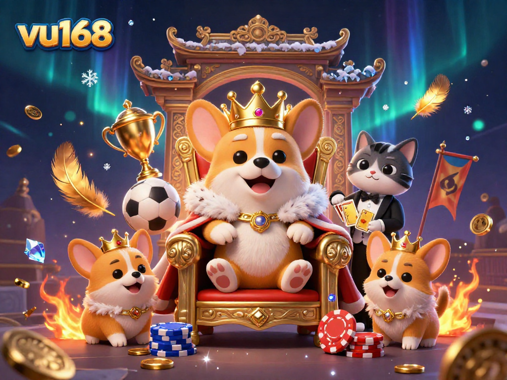 Experience thrilling sports betting action with vu168, featuring a royal corgi and a vibrant scene.