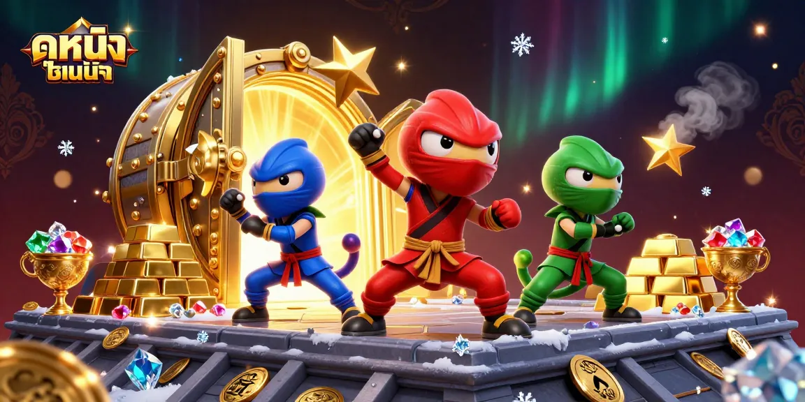 Engage in ดูหนังออนไลน์ with vibrant gameplay featuring ninja chameleons in a gambling-themed illustration.