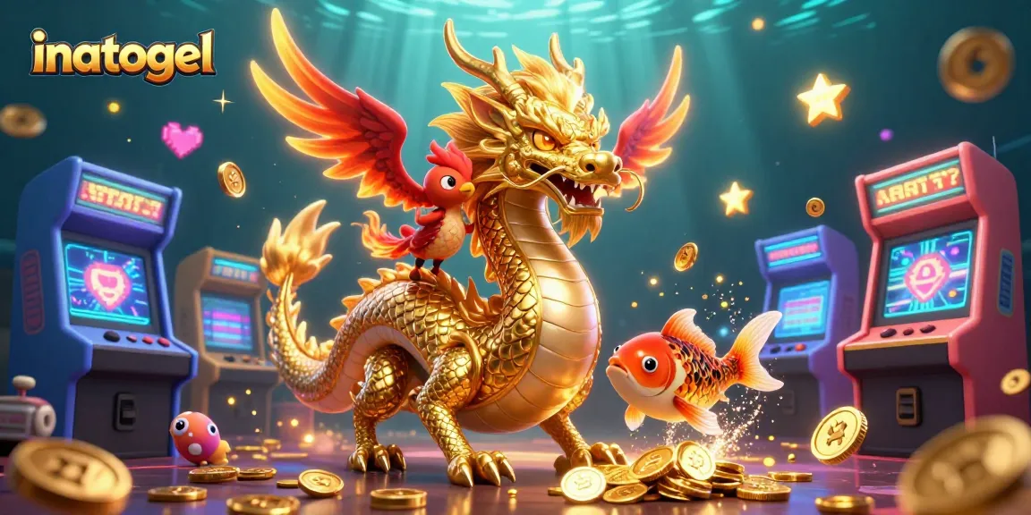 Inatogel menghadirkan suasana kasino dengan naga emas, phoenix, dan ikan koi di tengah koin yang melimpah.