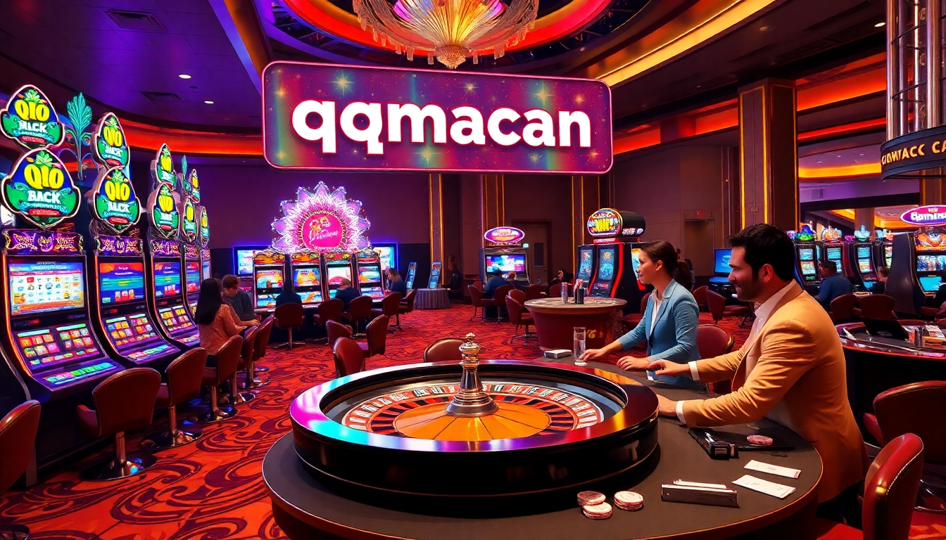 Experience excitement at QQMACAN with players enjoying vibrant slot machines and exhilarating table games.