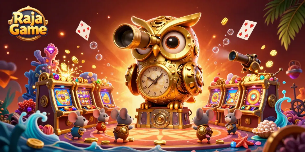 Raja Game casino art showcasing a golden owl, vibrant slot machines, and underwater treasures.