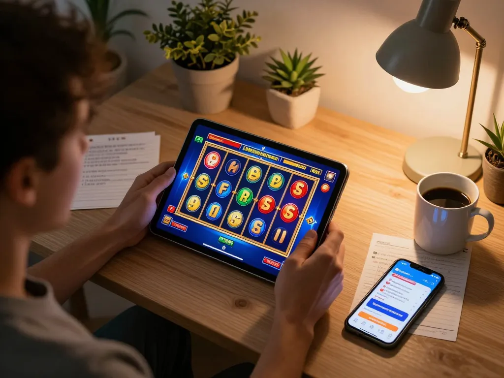 Playing slot online at home setup with vibrant game display and responsible gambling elements.
