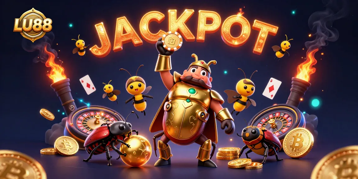 LU88 engages players with a vibrant jackpot celebration, featuring a heroic beetle and glowing casino elements.